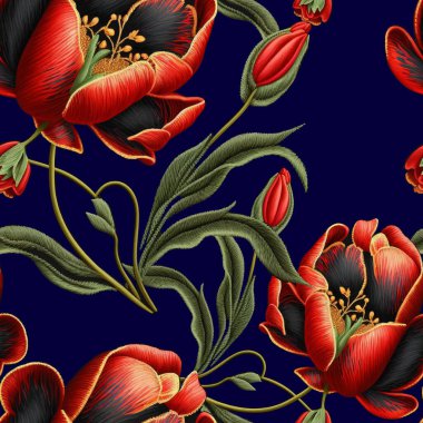 Nakış desenli güzel çiçekli kırmızı laleler dikişsiz desen. Süslü goblen çiçekli vektör arka planı. Nakışlı yüzey lale çiçekleri süsler bırakır. Bitmek bilmeyen nakış dokusu.