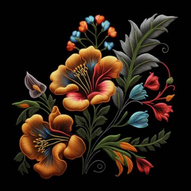 Dikensiz desenli, nakışlı, güzel bir buket çiçek. Duvar halısı desenli işlemeli çiçek vektör arkaplanı dikişli renkli çiçekler, yapraklar. Dikiş çizgileri yüzey işlemeli 3B doku.