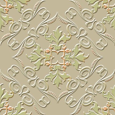 Güzel desenli kabartma çiçek desenli, dikişsiz. Arabesk vektörü modern kabartmalı kabartma kabartmalı arka plan. Yüzey arkaplanını tekrar et. Vintage çiçekler, yapraklar, çizgiler, girdaplar desenli Damask süslemeleri.