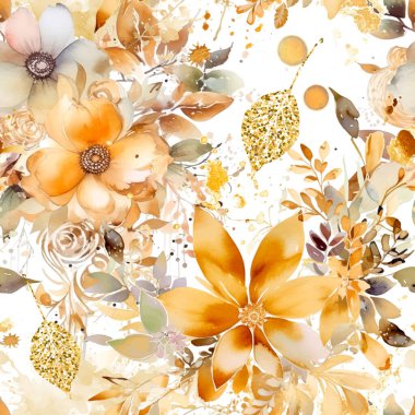 Suluboya güzel, altın çiçekleri kusursuz şekilde çiziyor. Kirli suluboya vektör geçmişi. El çizimi sarı çiçekler, yapraklar. Beyaz üzerine izole edilmiş sanatsal altın süsler. Sonsuz doku.