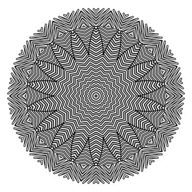 Siyah ve beyaz zikzak çizgileri, yuvarlak mandala desenli. Süslü tek renkli modern vektör arka planı. Radyal zig zag çizgileri çiçek mandala süsleri. Soyut çizgiler çiçekler. Grunge dokusu.