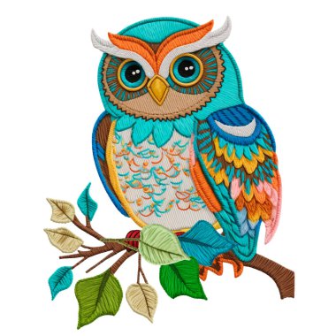 Çizgi film renkli süslemeli duvar halısı dalında üç boyutlu parlak baykuş desenli. Çiçekli, yapraklı, kuşlu, işlemeli hayvan arkaplan çizimi. İşlenmiş desenli dekoratif çizgi film baykuşu.. 