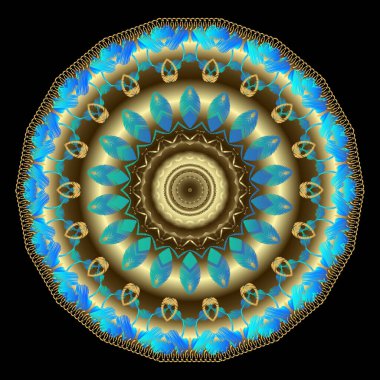 Yuvarlak işlemeli çiçek desenli altın rengi mavi mandala deseni. Altın dantelli süslemeli duvar halısı. Güzel desenli lüks süsler. Soyut grunge çiçekleri. Nakışlı süsleme dokusu.