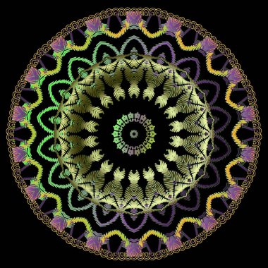 Yuvarlak işlemeli çiçek mandala deseni. Zigzag çizgileri ve altın dantelli çerçeveli renkli duvar halısı süsü. Güzel desenli süsler. Soyut çiçekler. Modern tasarım. Nakışlı doku.