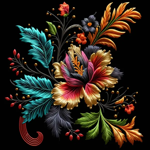 Stitching lines colorful exotic flowers pattern. Embroidered bouquet of flowers, leaves. Embroidery floral modern background illustration. Beautiful stitch textured flowers. Surface texture. Vector.