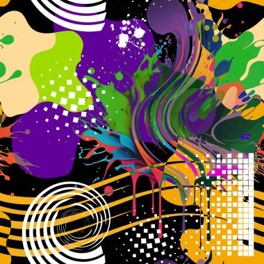 Değişik şekillerde, fırça darbeleri, çizgiler, sıçramalar, spiral, kıvrımlar, karalama çizgileri, yarım ton kareler. El çizimi renkli modern vektör arkaplanı.