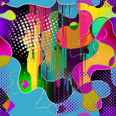 Modern, soyut, parlak, karalamalı, farklı şekilli, çizgili, kıvrımlı, çizgili, çizgili, yarım tonlu, parlak geometrik desen. El çizimi renkli modern vektör arkaplanı.