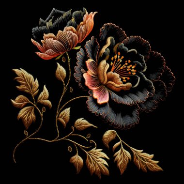 Üç boyutlu şakayık. Duvar halısı altından şakayık çiçekleri, dal, yaprak deseni. Altın işlemeli çiçek desenli çiçek desenli arkaplan çizimi. Yüzey dikişleri süsleme dokusu.