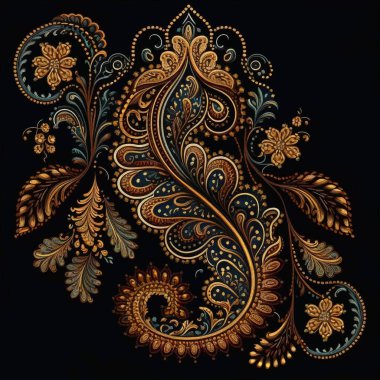 Çiçekli desenli Türk desenli Paisley desenli element. Duvar halısı, etnik arka plan çizimi. Klasik lüks işlemeli Paisley çiçek süsü. Süslü yüzey dokusu. Modern grunge çizim tasarımı