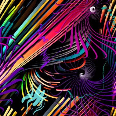 Çizgili, soyut, renkli, sarmal, kıvrımlı, karalama çizgileri ve fırça darbeleriyle kusursuz bir fantezi çizimi. Çizgili. Kirli geometrik sanatsal modern vektör arkaplanı. Grunge sonsuz dokusu.