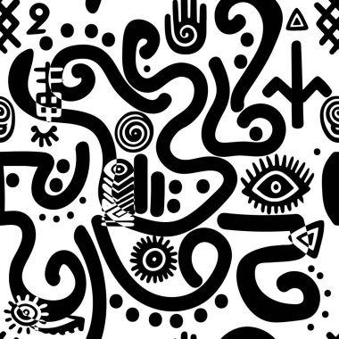 Siyah ve beyaz treybal etnik Afrikalı Hint tarzı karalama çizgileri pürüzsüz desen. Yaratıcı soyut semboller, karalama çizgileri arka plan çizimleri. Basit karalama duvar kağıdı kumaşı baskısı