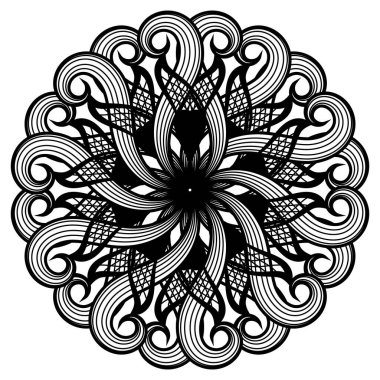Çiçekli el siyah beyaz mandala deseni çizmiş. Buklelerle, kıvrımlarla, dalgalı çizgilerle, ızgaralarla güzel bir çember çiçek süsü. Ayrı dekore edilmiş modern tasarım. Vektör dekoratif arkaplan. 