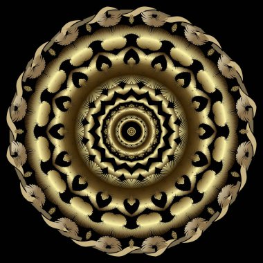 Altın işlemeli 3 boyutlu mandala deseni. Renkli duvar halısı etnik metalik süsler. Siyah arka planda izole tasarım. Güzel desenli altın süs. Grunge çizgileri, bükülmüş çerçeler, çiçekler.