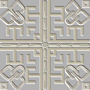 Beyaz kabartma desenli, 3 boyutlu, dikişsiz Yunan deseni. Zarif süslemeli güzel kabartmalı vektör arka planı. Yüzey tekrar arkaplan. Rahatlatıcı geometrik Yunan tarzı süsler. Sonsuz doku.