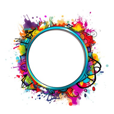 Graffiti tarzı renkli yuvarlak çerçeve çerçeve kalıbı çiziliyor metin için yer var. Karalamalar, çizgiler, şekiller, fırça darbeleriyle parlak vektör modayı. Karalama el izole modern tasarım.