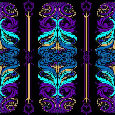 Güzel çiçek sanatı, yeni tarz, klasik, yatay, pürüzsüz kenarlar. Modern süslemeli lüks vektör arka planı. Vintage çiçekler, yapraklar, girdaplar, çizgiler menekşe mavisi altın rengi süsler.