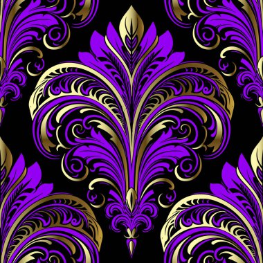 Güzel Damask Sanat Nouveau Kusursuz Çiçeksiz Süslü Kumaş, duvar kağıtları, kartlar için 3D desen. Menekşe sarısı siyah renklerde vektör lüks arka plan. Eski çiçeklerle, yapraklarla süslü süsler..