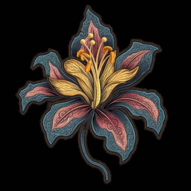 Üç boyutlu desenli tropikal egzotik zambak çiçeği, dal, yaprak deseni. İşlemeli renkli çiçek desenli vektör arkaplan çizimi güzel dikişli çiçek. Yüzey grunge dokusu.