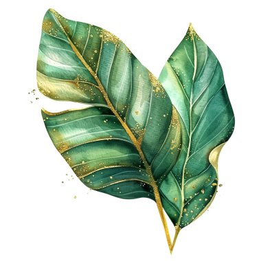 Suluboya, beyaz zemin üzerinde altın parıltısı olan tropikal yapraklar çiziyor. El çizimi izole dallar, yapraklar. Güzel sanatsal tropik süsler. Modern dekorasyon. Grunge dokusu.