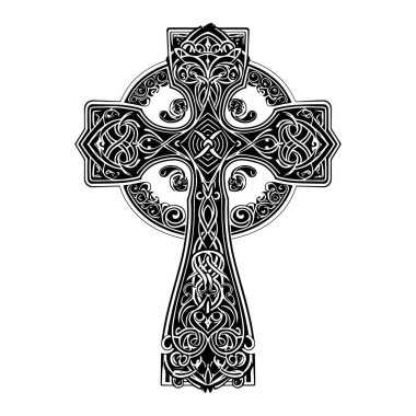 Antika süslemeli siyah beyaz din haçı. Süslü, karmaşık çizgiler, çiçekler, yapraklar ve İrlanda stili süslemeler içeren vektör desenli haç. Beyaz arkaplanda izole çapraz.