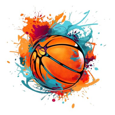 Graffiti stili turuncu renkli basketbol desenli arkaplan çizimi renkli karalamalar, sıçramalar. Beyaz arka planda izole edilmiş boyalı basketbol topu. Spor modası tasarımı.
