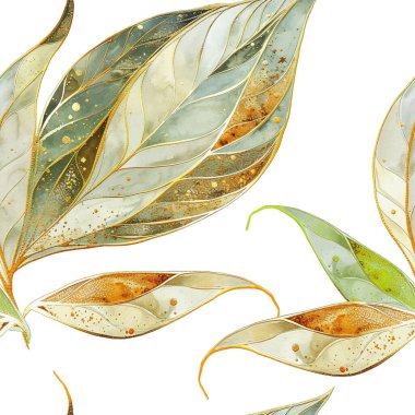 Tropik altın çizgileri olan suluboya botanik desenli grunge lekeli yapraklar. Vector güzel boyalı yapraklı arka plan. Çiçek deseni. Altın tropikal bitkiler içeren lüks soyut desenler.