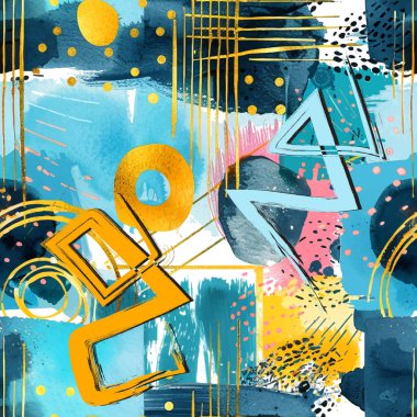 Kirli soyut grunge el, suluboya şekilli geometrik dikişsiz desen, fırça darbeleri, spiral, karalama çizgileri, noktalar, daireler, noktalar, beyaz arka planda çizgiler. Moda sonu olmayan doku.