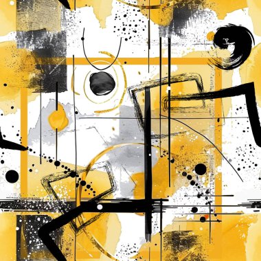 Kirli, soyut, siyah, beyaz, el çizimi, geometrik, dikişsiz desen, suluboya kareler, fırça darbeleri, şekiller, spiral, karalama çizgileri, noktalar, daireler, noktalar. Vektör modu tasarımı.