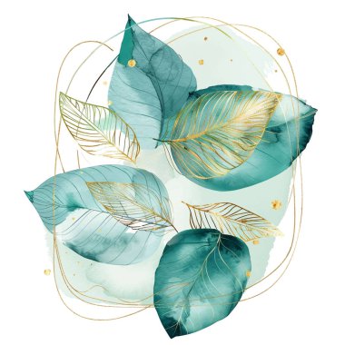 Tropikal bitkiler, yapraklar, altın çizgiler ve noktalar çizilmiş suluboya bitkisel desenler. Vektör güzel bir ışık arkaplanı boyadı. Beyaz arkaplanda modaya uygun soyut yaprak düzenleme deseni.