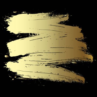 Altın boyalı el çizimi grunge fırça darbesi lekesi siyah arka planda sıçrama lekesi. İzole tasarım. Süslü, pis, altın yağ desenli fırça darbeleri. Kaba doku.