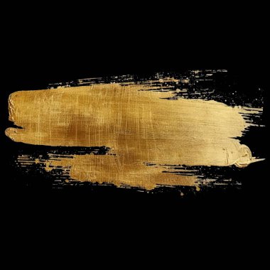Altın boyalı el çizimi grunge fırça darbesi lekesi siyah arka planda sıçrama lekesi. İzole tasarım. Süslü, pis, altın yağ desenli fırça darbeleri. Kaba doku.
