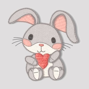 Üç boyutlu nakışlı çizgi film. Kırmızı kalpli, sevimli, gri tavşancık. Gri arka planda desenli grunge goblen işlemeli süslemeli renkli vektör tavşan çizimi. Yüzey kirli dokusu.