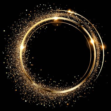 3D altın parıltılı, lüks, ışıltılı daire çerçeveli. Modern, parlak, yuvarlak çerçeve desenli, desenli altın parıltılı. Yüzey ışıltısı dokusu. Moda dekoratif arka plan. İzole çerçeve tasarımı
