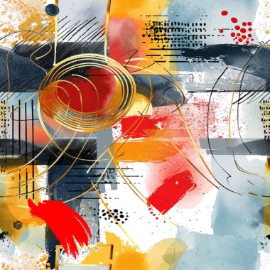 Soyut modern el çizimi geometrik kareler, suluboya kareler, fırça darbeleri, şekiller, çizgiler, spiral, karalama çizgileri, dikdörtgenler, daireler, noktalar. Vektör çağdaş arkaplan.