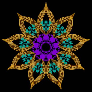 Çiçekli, Yunan tarzı, renkli, yuvarlak mandala deseni. Çember şeklinde desenli çiçekli vektör süsleme mandala, radyal yunan anahtarlarıyla. Modern desenli tasarım. Moda süslemeleri.