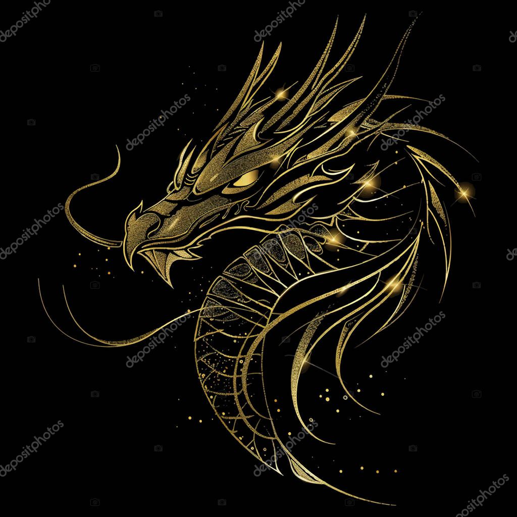 Gold glittery lines chinese dragon silhouette pattern background illustration with glowing blinking, glitter. Shiny beautiful textured dragon pattern for tattoo, emblem, logo, greeting cards, prints.