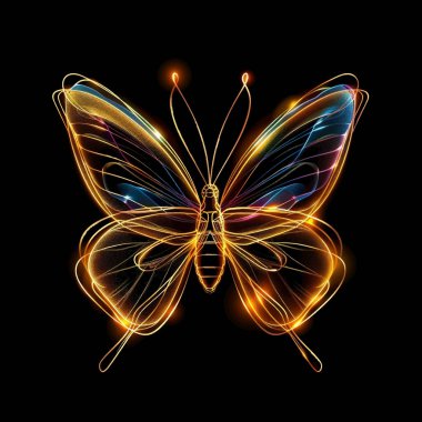 Neon ışığı kelebeği. Aydınlatılmış 3D parıltılı güzel, parlak renkli kelebek. Kalıplı altın parıltılı modern parlak böcek deseni. Yüzey ışıltısı dokusu. İzole edilmiş altın kelebek tasarımı