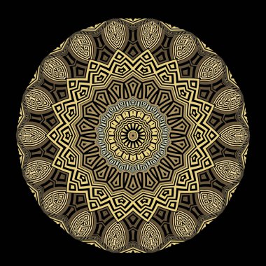 Çiçekli, Yunan tarzı, renkli, yuvarlak mandala deseni. Zigzag, çiçekler ve Yunan anahtarlı süslemeli mandala. Modern desenli tasarım. Moda dekoratif süsler.
