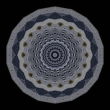 Zarif etnik Yunan tarzı, zikzak çizgileri olan yuvarlak mandala deseni. Yunanca anahtar çerçeveli vektör süslemeli daire mandala. Modern desenli tasarım. Moda dekoratif zig zag süslemeleri.