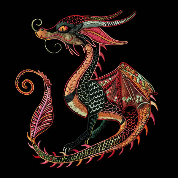 Вышивка текстурой яркий орнаментальный этнический дракон рисунок фона иллюстрации. Цветной узорчатый гобелен китайский знак зодиака дракона 2024 года. Гранжевая вышитая декоративная векторная текстура.