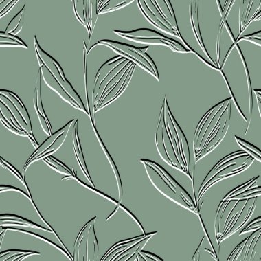 Yapraklı kabartma, yüzey yeşili, üç boyutlu, pürüzsüz desen. Kabartmalı kabartmalı yardım dalları vektör arkaplanı bırakır. Güzel tekerrür eden botanik homurtu arkaplanı. Bitkilerle süslenmiş yapraklar. Sonsuz doku.