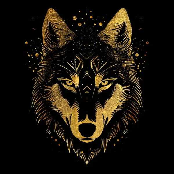 Altın parıltılı süslemeli parlak çizgiler. Kurt başlı arka plan çizimleri. Lüks ışıltı çizgisi, izole edilmiş kurt silueti vektör tasarımı. Dekoratif dekoratif parlak grunge dokusu. Dövme için, logo.