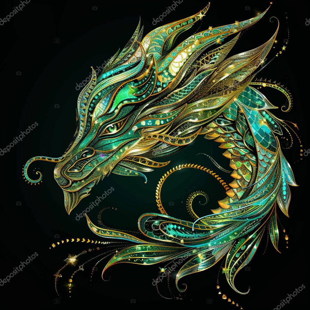 3d Gold green glittery ornamental chinese dragon head pattern background illustration with glowing blinking, glitter. Shiny beautiful textured dragon pattern for tattoo, emblem, logo, prints, design.