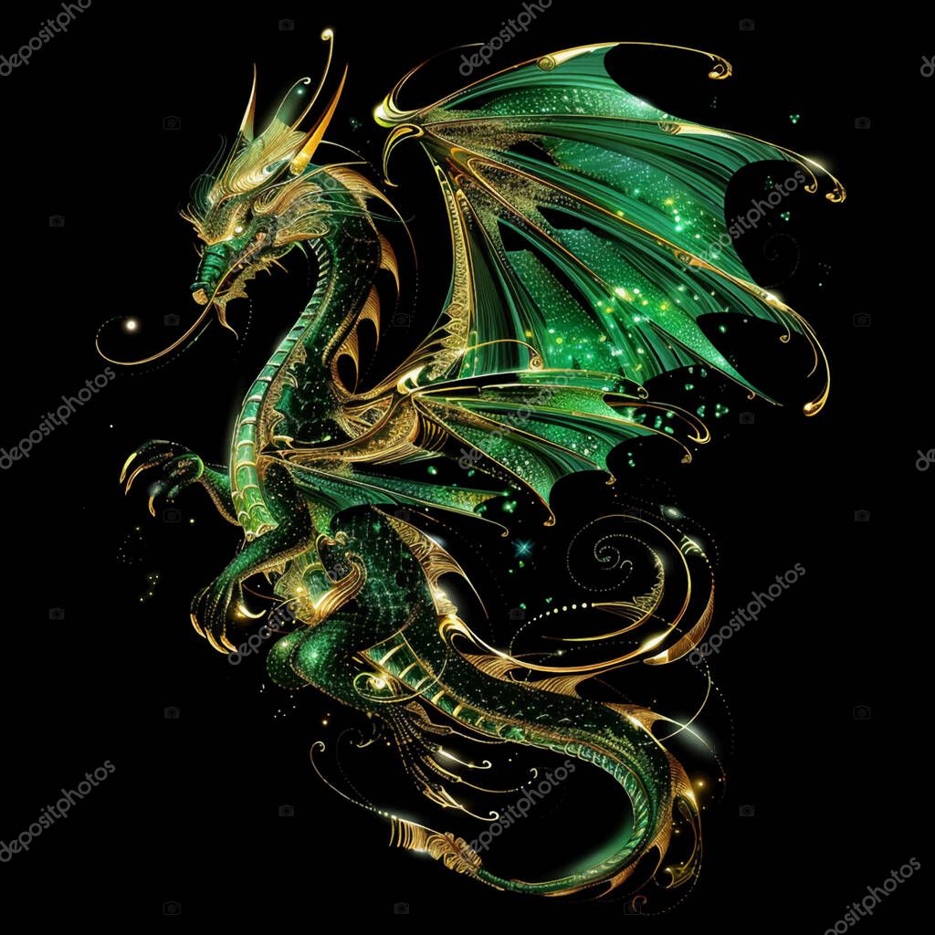 3d Gold green glittery ornamental flying dragon pattern background illustration with glowing blinking, glitter. Shiny beautiful textured dragon pattern for tattoo, emblem, logo, prints, design, decor.