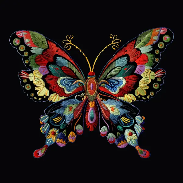 Texturierte Stickerei Bunt Schöne Exotische Schmetterlingsmuster Dekorative Gestickte Helle Tropische Stockvektor