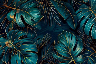 Tropik altın çizgiler canavarı 3 boyutlu arkaplan çizimi bırakır. Yaprak vektör arkaplanı. Yüzey tropik bitkiler lüks duvar kağıtları. Güzel botanik deseni. Çizim dokusunu süsleName.