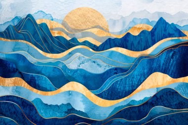 Dağ Japon tarzı lüks bir geçmişi var. Suluboya fırçalar ve altın çizgili sanat dokusuyla minimalist manzara sanatı. İzler için soyut sanat duvar kağıdı, Sanat Dekorasyonu, Duvar Sanatları ve Tablo baskıları.