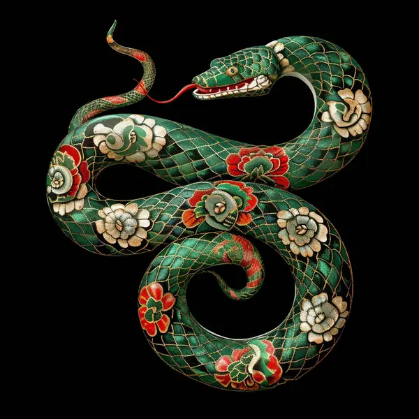 Altın yeşili 3D süs Çin yılanı çiçek desenli derisi var. Mutlu Çin Yeni Yılı 2025 yılan burcu, Yılan yılı. Lüks dekoratif moda yüzey yılanı. Element.