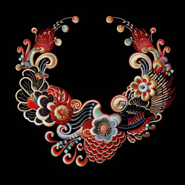 Geleneksel Japon Çin tarzı nakış işlemeli çiçek desenli 3D yaka, altın dikişli çizgiler. Güzel kolye. İşlemeli etnik çiçek desenli yaka tasarımı.