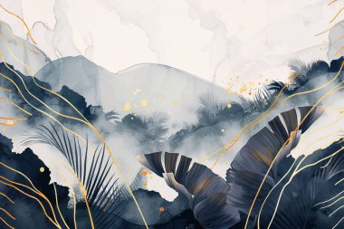 Tropikal manzara siyah ve beyaz tek renkli suluboya desenli arka plan, el çizimi sanat dağı, palmiye yaprakları, altın karalama çizgileri, benekler, sim. Vektör güzel tropik bitkileri boyadı.